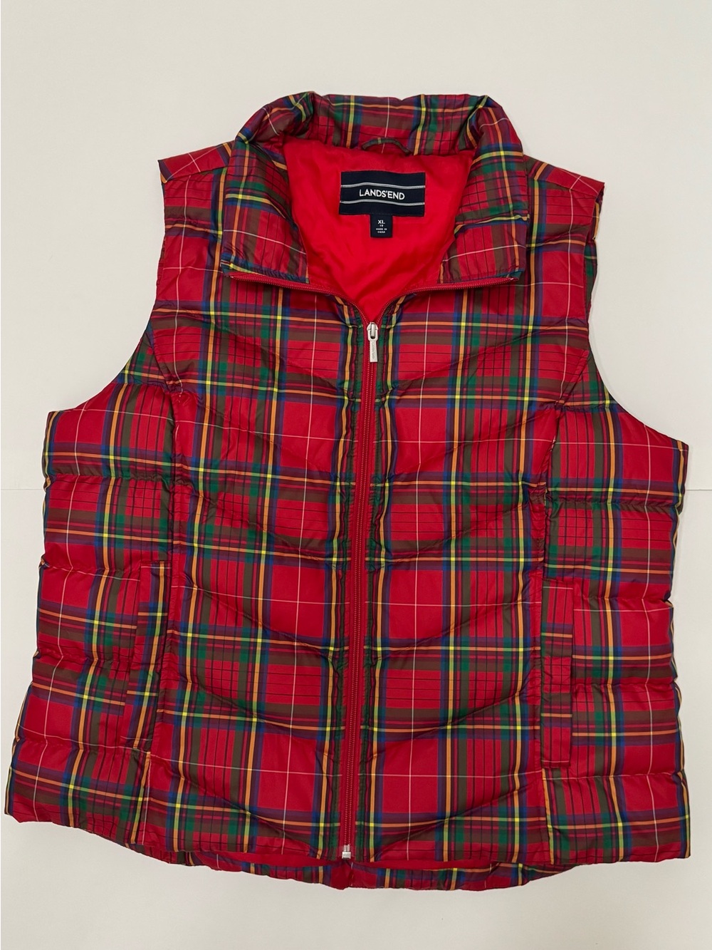 Lands' End Red Tartan Puffer Vest